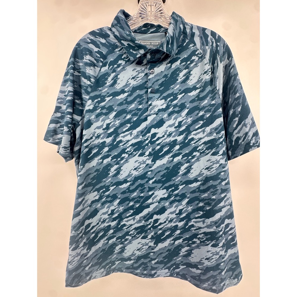 Branded Bills Mens Blue Camo Performance Golf Polo Shirt Size Medium DN 25 Patch